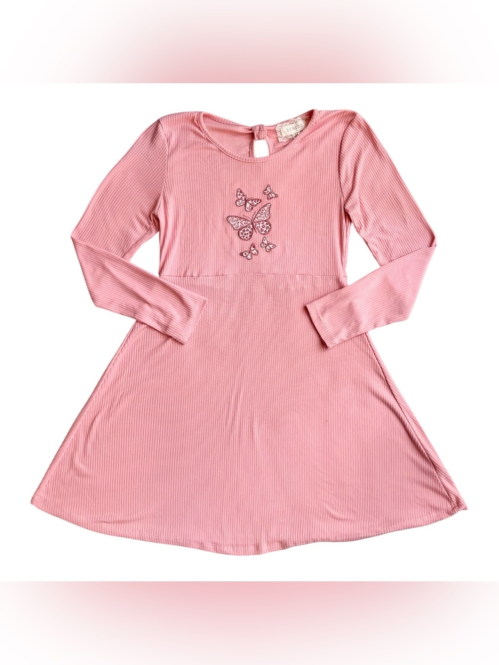 Btween Size 12 girls pink ribbed knit butterfly embroidered skater dress